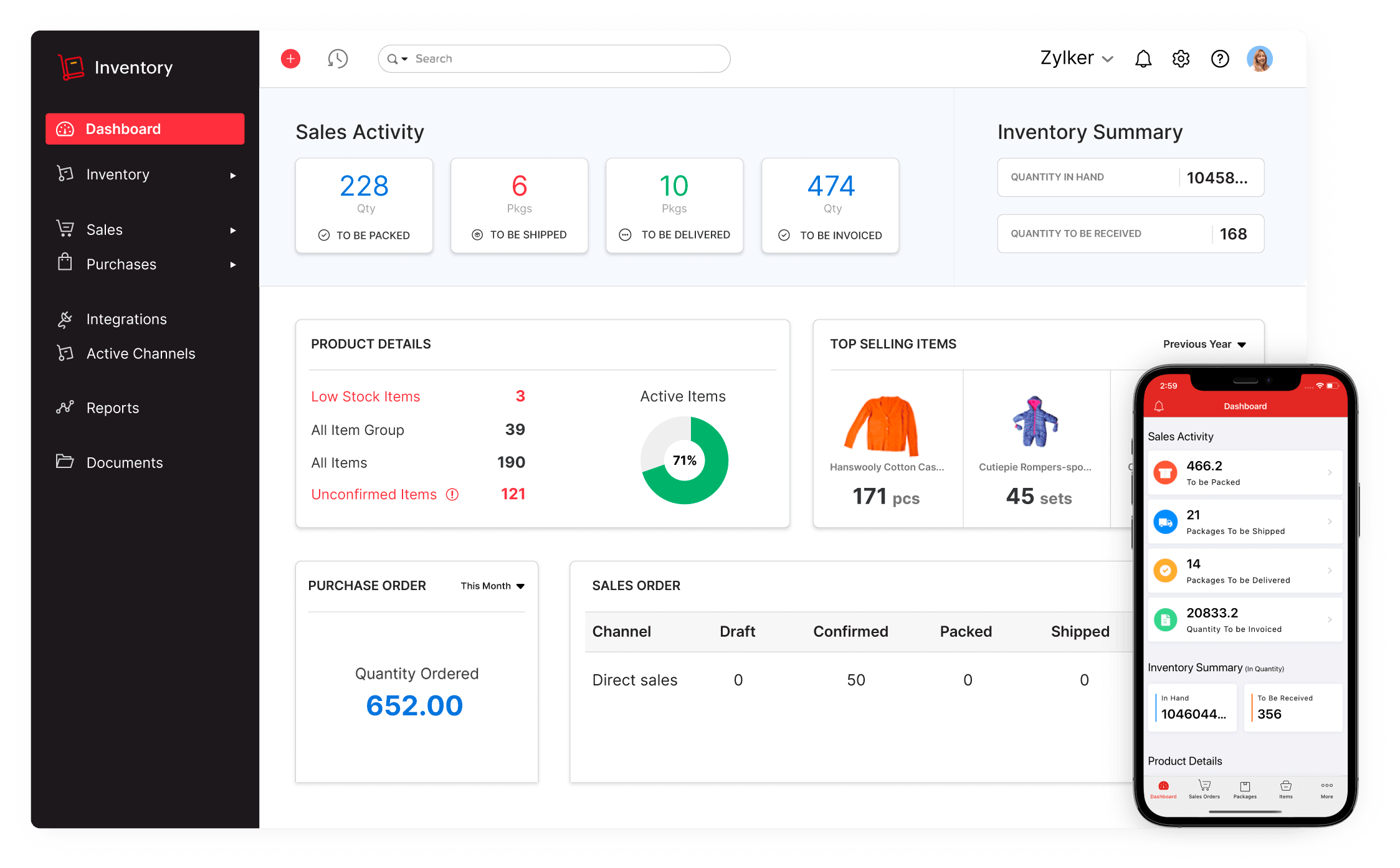 zoho inventory management software dashboard
